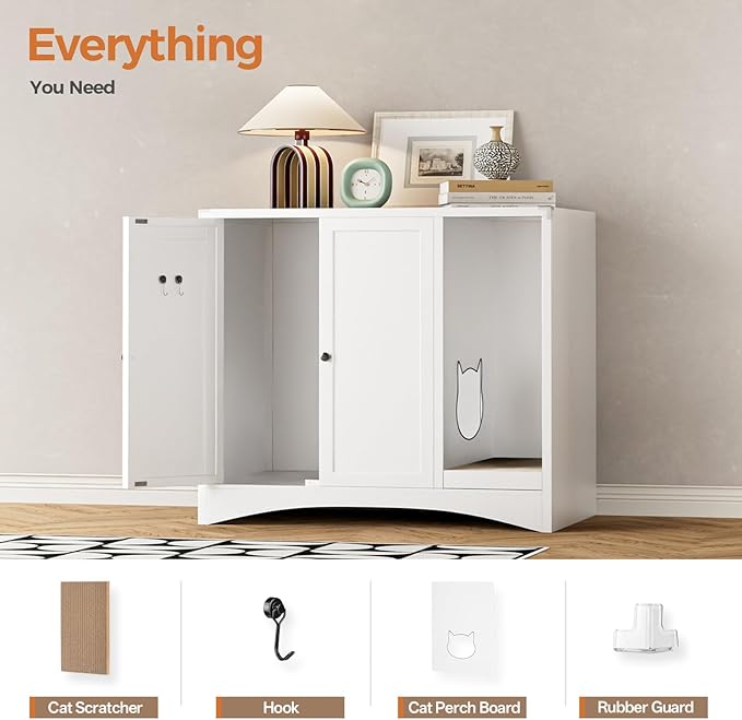 AUN Cat Litter Box Enclosure Hidden Cabinet, Easy Clean Steel Frame Pet House Furniture, Cat Washroom with Curved Entry, Dog-Proof, White, 31.5x19.6x27.5 Inches, Indoor Use