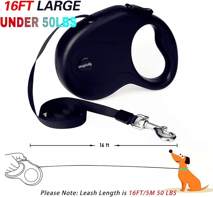16Ft Retractable Dog Leash,Light Weight Leash for Small to Medium Dogs/Cats Up to 50lbs,Stainless Steel Spring Strong Nylon Tape, Tangle Free, One-Handed Brake.(Black)