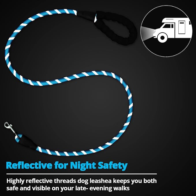 Rope Dog Leash 6 FT: Heavy Duty Leashes with Swivel Lockable Hook Reflective Threads Bungee and Padded Handle - Dog Lead for Large Small Medium Dogs Outside Walking Hiking Blue