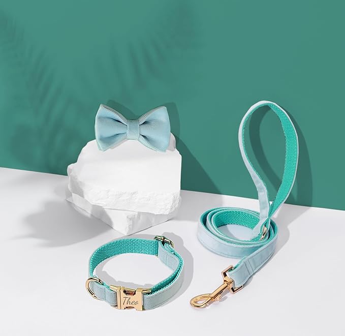 Velvet Harness Set, Gift for Pet Owners, Custom Dog Collar Personalized with Name and Phone Number, Custom Collar and Leash for Dogs, Engraved Metal Buckle Collar(Medium)