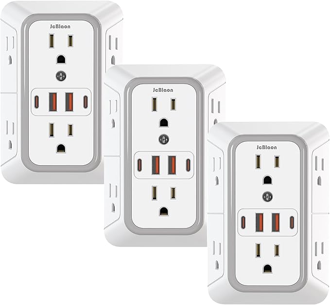 3 Pack Surge Protector Outlet Extender, 6 Outlet Splitter with 4 USB Ports (2 USB C), Multi Plug Wall Outlet 1050J Power Strip, USB Wall Charger for Home Office Kitchen Travel