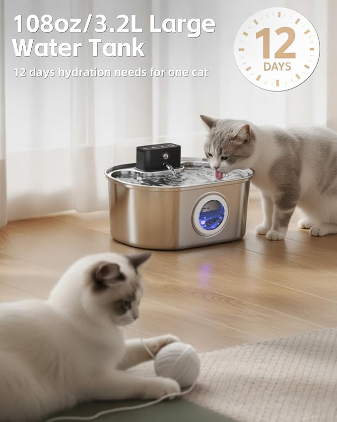 Cat Water Fountain Cordless, Stainless Steel Pet Water Fountain Wireless – 3.2L/108oz Battery Operated Automatic Water Dispenser for Cats Indoor, with Motion Sensor & Quiet Pump (1 Filter Sponge)