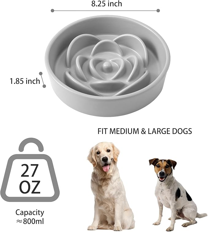 8.25'' Ceramic Slow Feeder Dog Bowls - Petal Shape Modern Dog Food Dish for Medium and Large Breeds, Puzzle Maze Bowl to Slow Down Eating, Anti-Gulping, Dishwasher & Microwave Safe, Grey