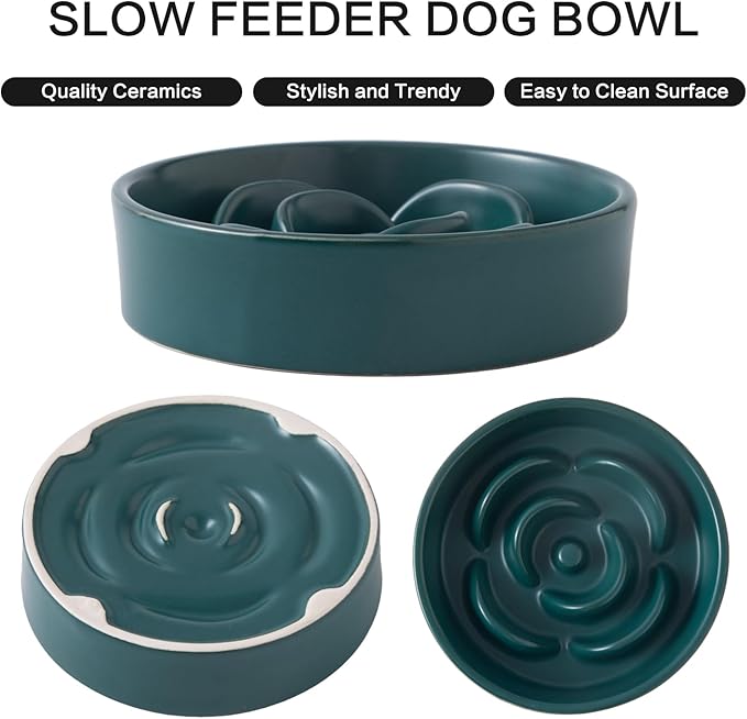 6'' Ceramic Slow Feeder Dog Bowls - Petal Shape Modern Dog Food Dish for Cats and Small Breed Dogs, Puzzle Maze Bowl to Slow Down Eating, Anti-Gulping, Dishwasher & Microwave Safe, Green