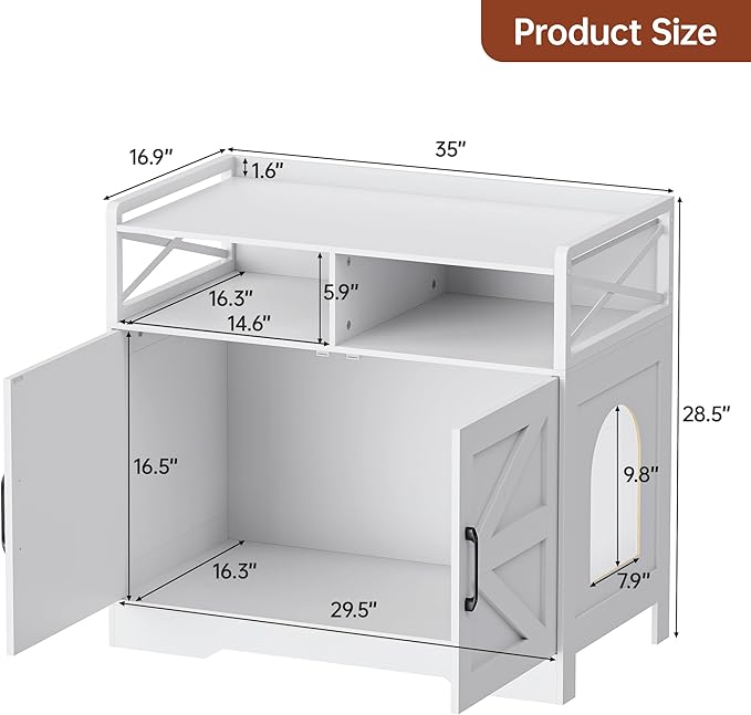 35" Ultra-Large Cat Litter Box Enclosure, Hidden Litter Box Cabinet with Anti-Tipping Fence and 2 Open Drawers, Enclosed Litter Box Furniture End Table, White
