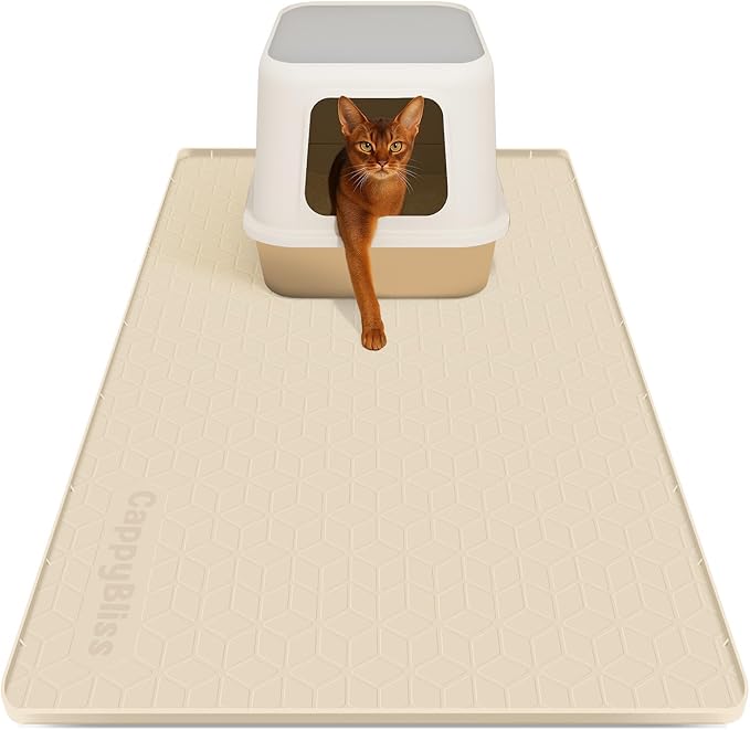 Large Cat Mat for Litter Box, 34"x22" Waterproof Silicone Mat with Litter Trapping, Easy Clean & Non-Slip Floor Pad for Indoor Cats, Khaki