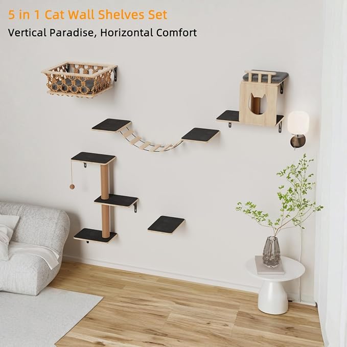 5-in-1 Cat Wall Shelves Set with Hammock, Wall-Mounted Cat Furniture Includes Condo, Bridge, Ladder & Steps for Indoor Cats, Safe & Stable (Gray)