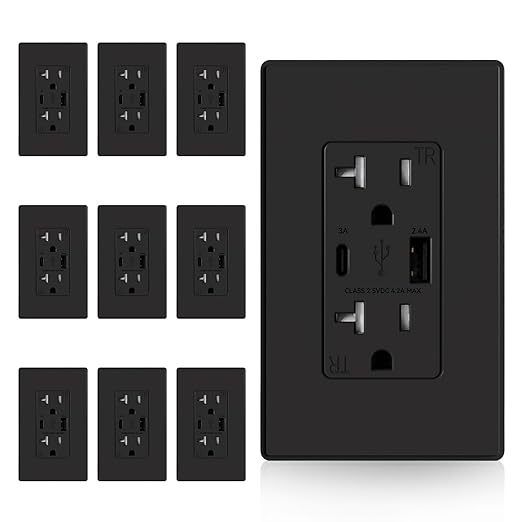 ELEGRP USB Charger Wall Outlet, USB Receptacle with Type A & Type C USB Ports, 20 Amp Duplex Tamper Resistant Receptacle Plug, Wall Plate Included, UL Listed (10 Pack, Matte Black)