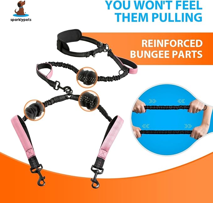SparklyPets - Hands Free Dual Dog Leash for Medium and Large Female Dogs - Padded Handles, Reflective Stitches, No Pull, Tangle Free - Walking, Hiking, Jogging, Canicross Waist Leash - Gradient Pink