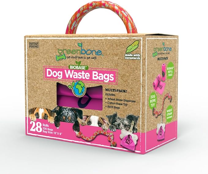 Greenbone BioBase Pink Dog Poop Bag Refills: 28 Rolls - 336 Bags with Dispenser and Rope Toy Handle- Dog Gift Set