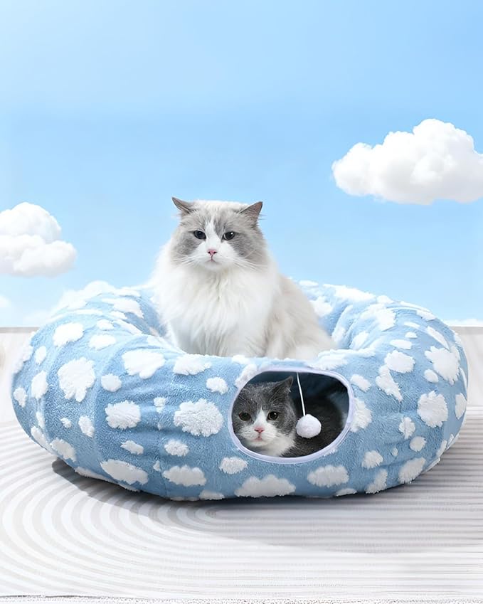 Grelife Cat Tunnel Bed for Indoor Cats, Cat Tunnel Christmas Tree Skirt with Washable Soft Plush, Cat Donut Tunnel Toys with Non-Slip Base, Perfect for Cats, Kittens, Small Pets(33.53")