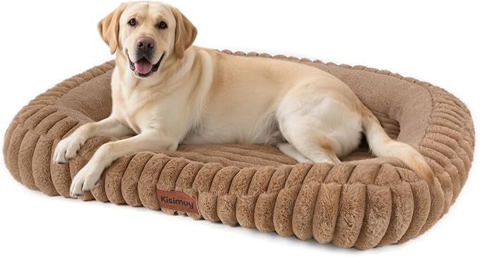 Cute Washable Dog Bed for Medium Large Dogs, Calming Furry Bolster Dog Bed, Durable Rectangle Anti-Anxiety Comfy Large Pet Bed, Removable Zipper Cover & Anti-Slip Bottom, 35x27x5inches, Brown