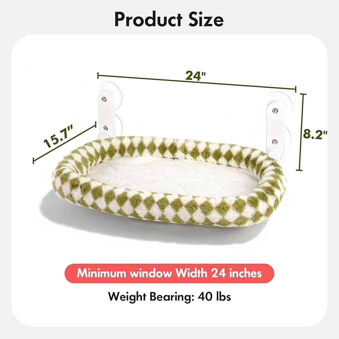 Cat Window Perch with Bolster, Cordless Foldable Cat Window Hammock with Strong Suction Cups & Metal Frame, Machine Washable Pet Bed for Indoor Cats (Green, Medium)