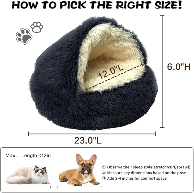 ShinHye Cat Bed Round Plush Fluffy Hooded Cat Bed Cave, Cozy for Indoor Cats or Small Dog beds, Soothing Pet Beds Doughnut Calm Anti-nxiety Dog Bed - Waterproof Bottom Washable (23×23inch, Dark Grey)