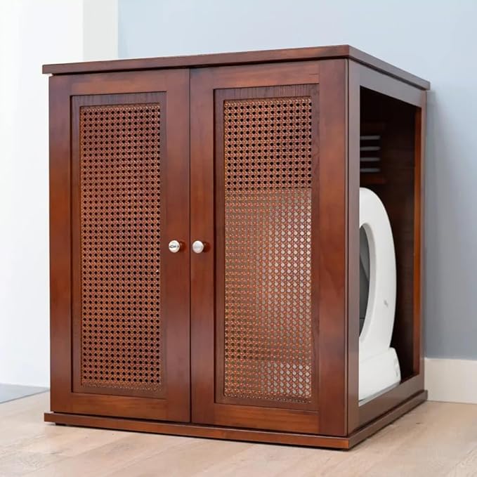 THE REFINED FELINE Refined Self-Cleaning Litter Box Cabinet, Wooden Cat Litter Box Enclosure for Automatic Litter Boxes, Mahogany, Cane Weave.