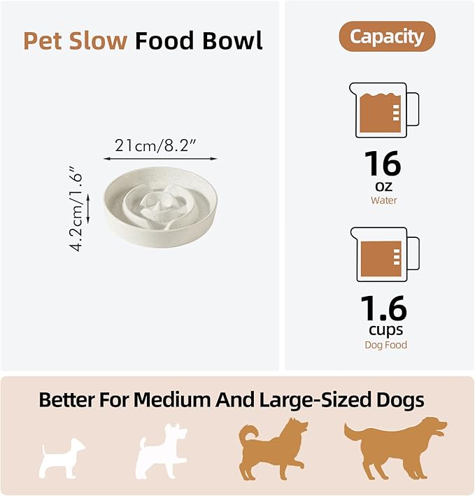 Ceramic 1.6 Cup Dog Bowl Slow Feeder for Large and Medium Dog, 8.2inch Pet Slow Dish, Stop Bloat, Preventing Choking(Single Bowl, Vanilla White)