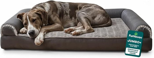 FurHaven Orthopedic Dog Bed For Large Dogs, Sofa Contour Mattress with Solid Orthopedic Foam Slab for Joint Support, Removable Washable Cover, Jumbo Plus XXL, Faux Fur, Charcoal