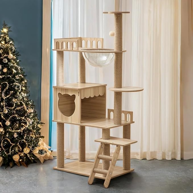 54-Inch Cat Tower,Multi-Level Pure Wood-Modern Cat Tree Tower with Condo, Cat Stairs, Bowl,9 Sisal Scratching Posts, Top Perch, Toy Balls,Cat Tree for Indoor Cats Large Adult (KT-1022)