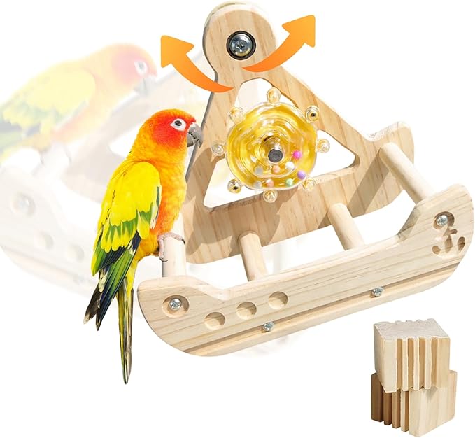 Bird Perch Toy, Interactive Rotating Toy, Wooden Parrot Perches, Bird Cage Accessories, Safe Wooden Construction, for Parakeets, Cockatiels & Small Parrots, PRO