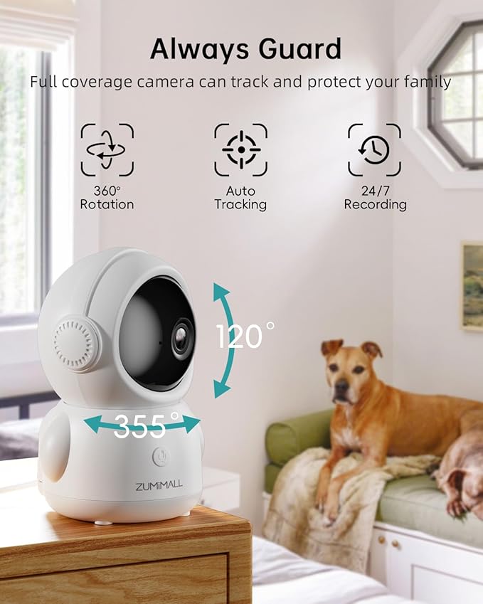 ZUMIMALL Security Camera Indoor, 5G/2.4G WiFi Baby Monitor with Camera and Audio, 2K Wired Pet Cameras for Home Security, One-Click Call, Auto Tracking, Cry/PIR/AI Detection, Alexa/ONVIF/Cloud