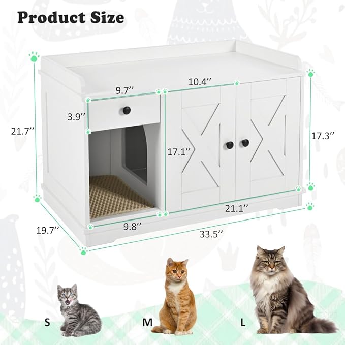 Cat Litter Box Enclosure Furniture with Mat - Hidden Litter Box Cabinet with Storage Drawer & Side Table - Indoor Cat House & Washroom (Hidden Entrance + White + MDF)