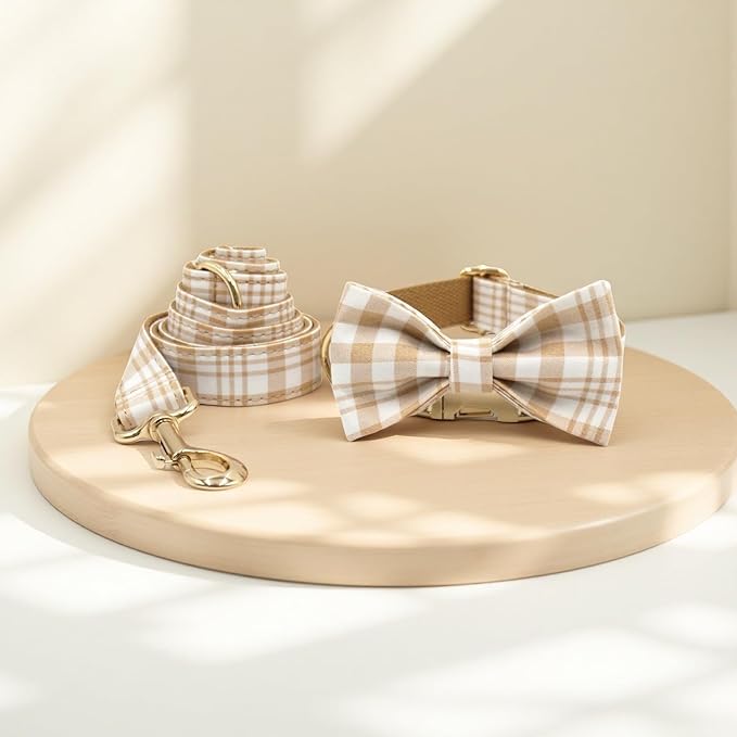 PETDURO Personalized Dog Collar Brown Plaid for Large Medium Dogs | Engraved Name and Phone Number on Gold Metal Buckle for Boys & Girls | Add Leash & Bow Tie via Customize Now