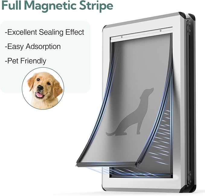 Large Dog Door for Exterior Doors, Aluminum Frame Doggy Door, Fully Magnetic Flaps Large Breed Dog Doors, Sliding Lock Panel, Rust Resistant and Energy Efficient, (Pet Up to100 Lb)