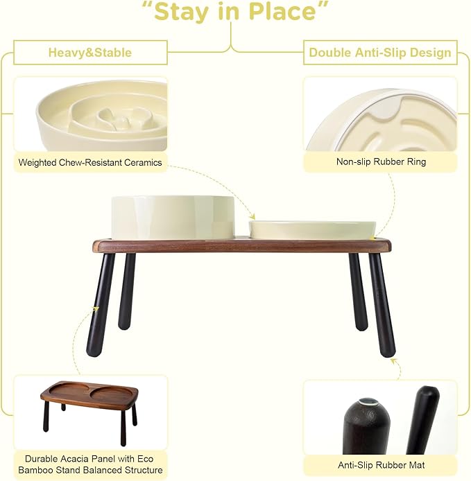 SPUNKYJUNKY Ceramic Elevated Dog Bowls with Slow Feeder Raised Acacia Bamboo Wooden Stand, 8.3'' Dog Food Water Bowls Set Non-Slip for Medium Large Sized Breed Microwave Dishwasher Safe - Beige