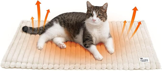FUNNY FUZZY Self Warming Cat Bed, Waterproof Corduroy Fleece Warm Self Heating Pad for Cats & Dogs, Non-Skid Thermal Pet Mat Indoor with Removable Washable Cover - ThermoPad, 31.5"×25", Cream White