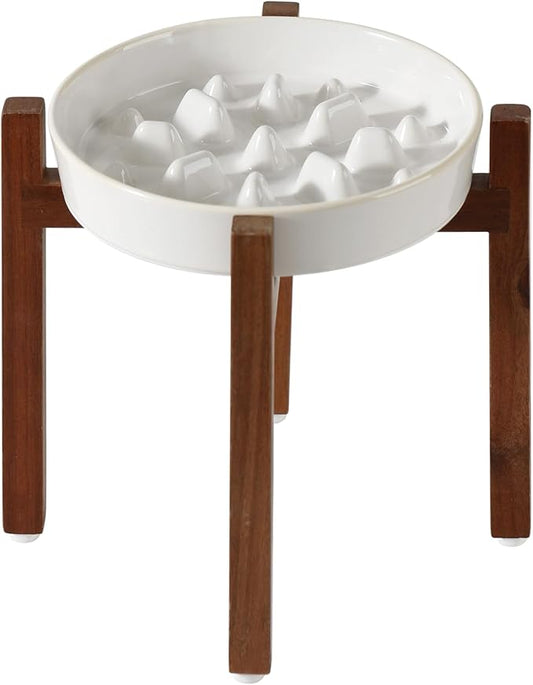 Ceramic 1.6 Cup Raised Slow Feeder Dog Bowl Set, Elevated Acacia Wood Stand for Medium and Large Dogs, 8.2inch Slow Pet Dish for Fast Eaters(1 Bowl & Stand,Reactived Glaze -White)