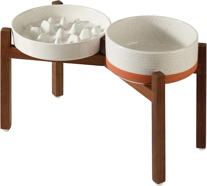 Ceramic 1.6 Cup Raised Slow Feeder Dog Bowl Set, Elevated 7.3inch Bowl and 8.2inch Slow Feeder Dish with Acacia Wood Stand for Medium and Large Dogs (2 x Vanilla White+ Stand)