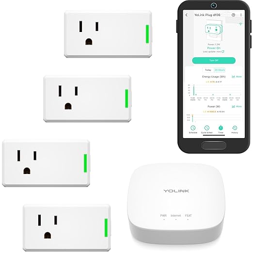 YoLink Smart Energy Plug 15A – 4-Pack, 1/4 Mile LoRa Range, High-Power Devices with Cycle Schedule, Real-Time Energy Monitoring, Overload Protection, Alerts, Alexa, Google, IFTTT, HA, Hub Included