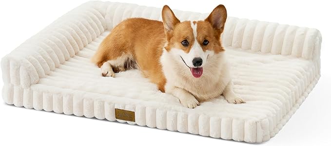 Cute Dog Bed, Faux Rabbit Fur Orthopedic Foam Dog Bed with Sides, Removable Washable Cover & Waterproof Lining, Comfortable Pet Couch for Medium Dogs, Cream (36" L x 27" W x 6.5" Th)
