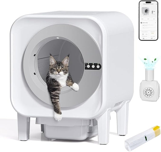 Automatic Cat Litter Box, Self Cleaning Litter Box with App Control, 75l Large Cat Litter Boxs for Multi-Cat Homes, Infrared & Weight Sensors, Odor Eliminator, Easy Cleaning, 20 Trash Bags, Silver