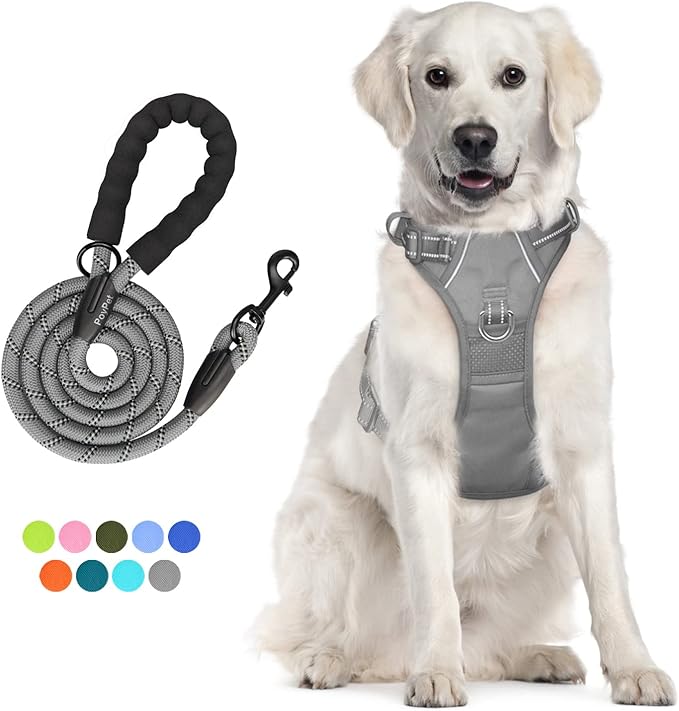 PoyPet No Pull Dog Harness and 5 Feet Leash Set, Release on Neck Reflective Adjustable Pet Vest, Front & Back 2 D-Ring and Soft Padded Pet Harness with Handle for Small to Large Dogs(Grey,L)