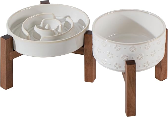 Ceramic 1.2 Cup Raised Slow Feeder Dog Bowl Set, Elevated 6.1inch Bowl and 7.3inch Dish with Acacia Wood Stand for Small and Medium Dog(2 x Reactived Glaze -White+ Stand)