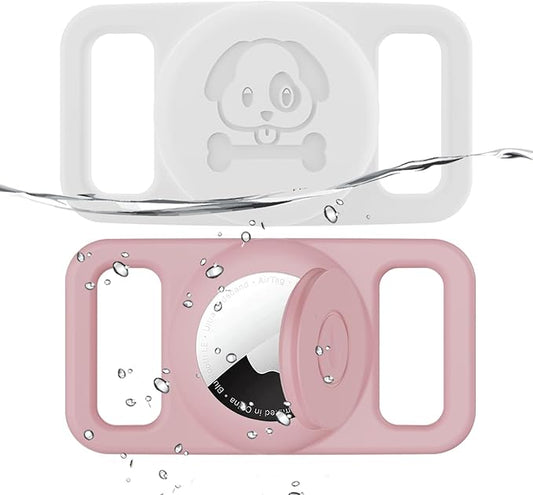 2 Pack Waterproof AirTag Dog Collar Holder Compatible with Apple AirTag, Silicone Hidden Loop Holder for Airtag Tracker, Anti-Lost Dog Collar Air Tag Accessories(White,Pink)