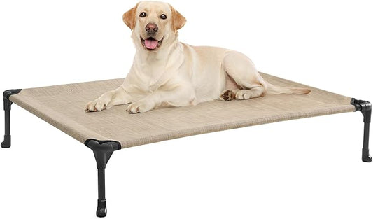 Veehoo Outdoor Elevated Dog Bed Large Sized Dogs, Cooling Raised Dog Cot Off Ground Hammock Pet Beds with Breathable Mesh, No-Slip Feet, 42"x30", Beige Coffee