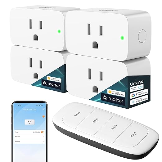 Linkind Matter Smart Plug with Remote, Work with Apple Home, Siri, Alexa, Google Home, SmartThings, Smart Outlet 15A/1800W Max, Smart Automation, Remote Control,Timer&Schedule, 2.4G Wi-Fi, 4 Pack