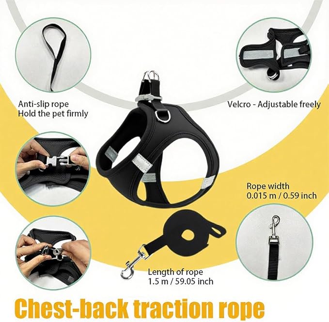 Dog Harness Small Sized and Leash Set, Dog Harness with Leash Set, Comfortable Air Mesh Dog Vest Harness with Reflective Strip, Reflective for Safe Easy Walking Dogs, Cats, Black S
