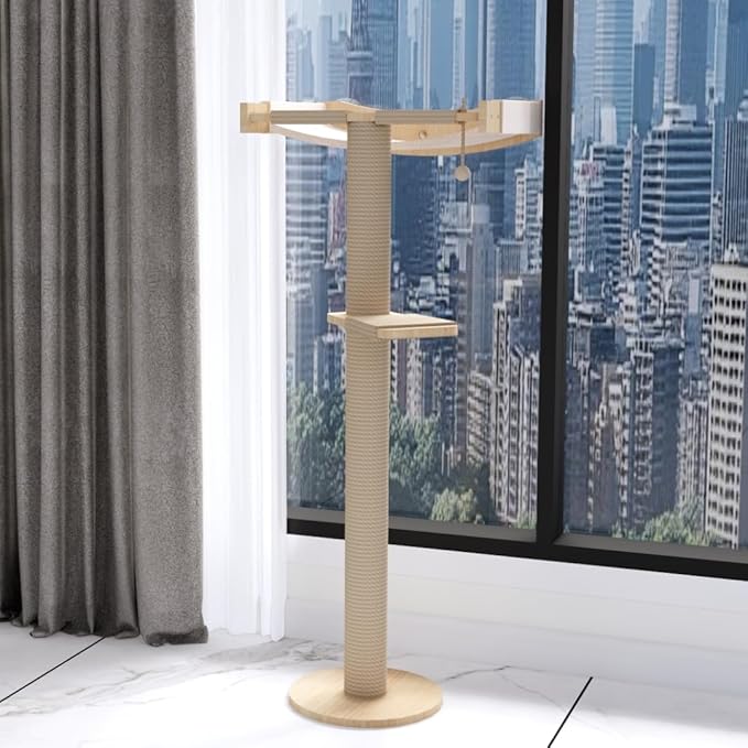 Cat Window Perch with Scratching Post Strong Supported - Large Hammock Bed for Cats Inside - Solid Wood Seat, Soft Cushion - Rustic Indoor Cat Tree Shelf for Sunbathing (Natural, Large 2)