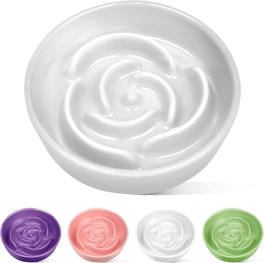 TRUVIC Ceramic Slow Feeder Dog Bowls Small Breed, 0.6 Cup Slow Feeder Cat Bowls for Fast Eaters, Ceramic Dog Food Dish no Black Chin, Puzzle Bowl for Small Dogs and Cats, White