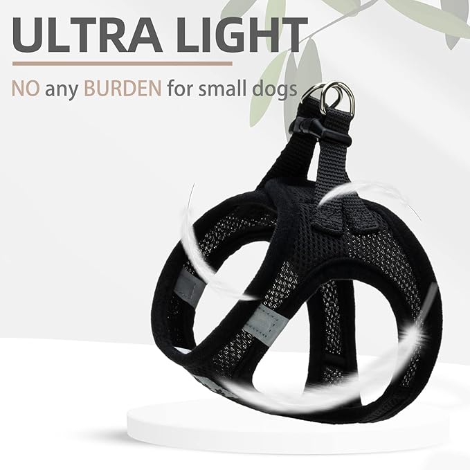 PUPTECK Adjustable Dog Harness Collar and Leash Set Step in No Pull Pet Harness for Small Medium Dogs Puppy and Cats Outdoor Walking Running, Soft Mesh Padded Reflective Vest Harnesses, Solid Black S