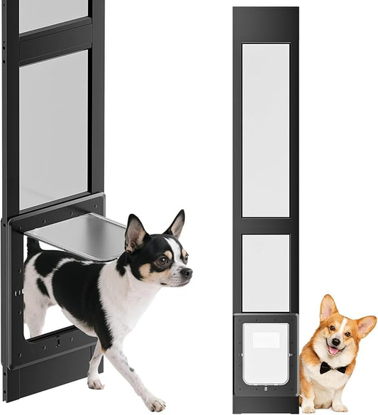 Dog Door for Sliding Glass Door, Magnetic Plastic Flap Sliding Door Pet Insert with Lock, Adjustable Height 74.2”-80.7”, No-Cut Installation for Patio Dog Access(Black S)