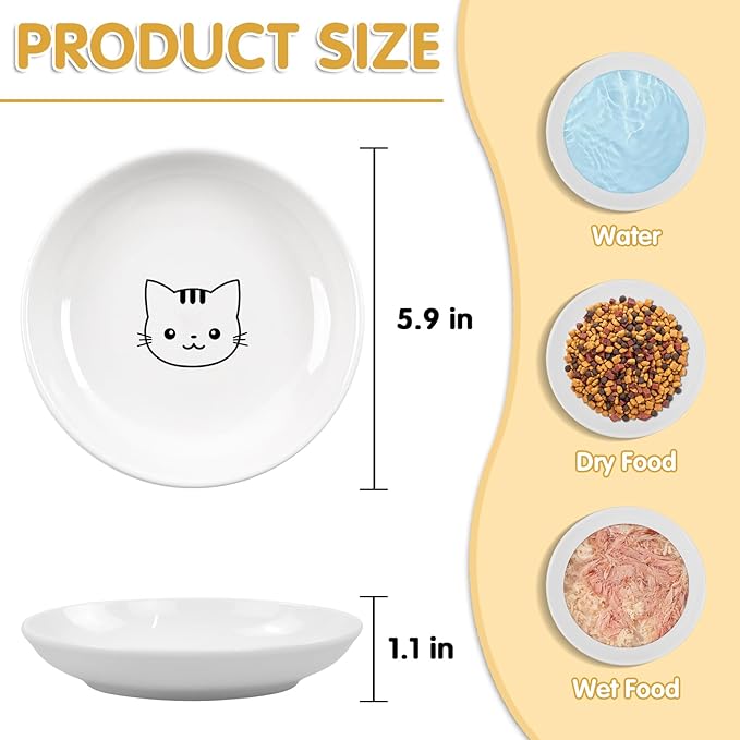 6 Pack Cat Food Bowl, Ceramic Cat Bowls, Anti Whisker Fatigue Cats Bowl Set,5.5 Inches Shallow Wide Kitten Plates for Food and Water
