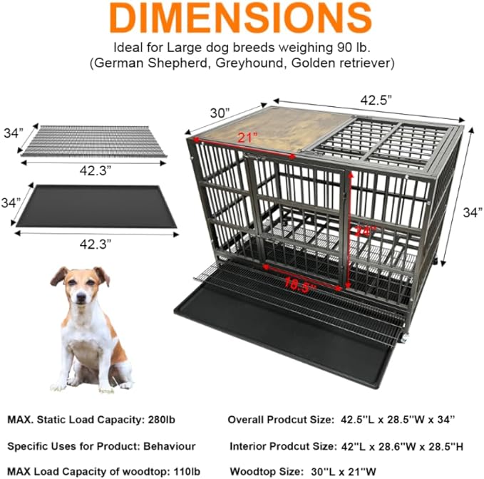 42" Furniture Dog Crate for Large Dogs, Heavy Duty Dog Kennel Indoor with Removable Crate Trays, Wheels and Stylish Wooden Top, Extra Large XL XXL Dog Cage