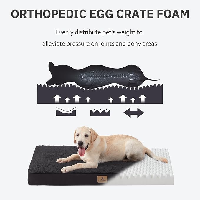 Bedfolks Orthopedic Dog Bed for Extra Large Dogs - Egg Foam Dog Crate Bed with Removable Waterproof Cover, Pet Bed Mat Suitable for Dogs and Pets Up to 100 lbs (44 x 32 x 3.5 inches, Black)