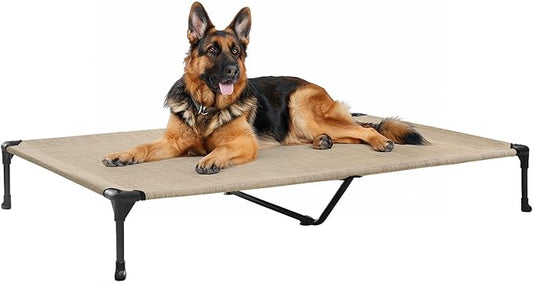 Veehoo Outdoor Elevated Dog Bed Large Sized Dogs, XL Cooling Raised Dog Cots Beds Training Platform Off Ground Hammock with Breathable Mesh, No-Slip Feet, 49"x33", Beige Coffee
