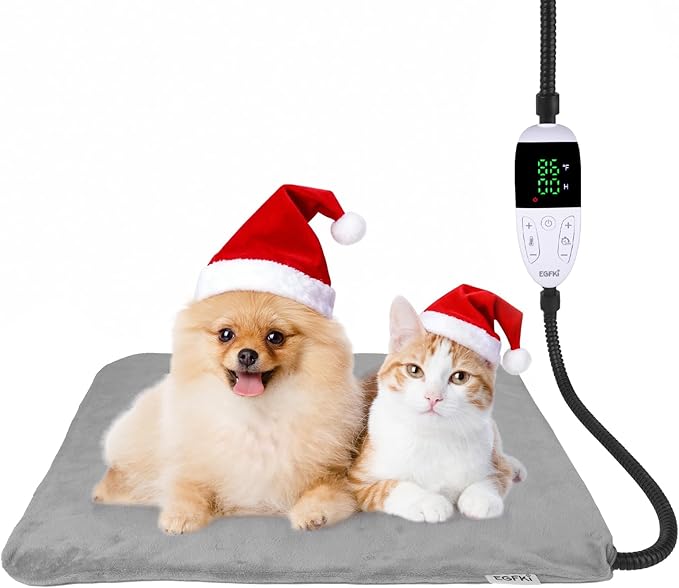 Ringco Pet Heating Pad for Cats & Small Dogs with 12 Adjustable Temperature, Waterproof & Chew Resistant Cat Dog Heating Pad with Timer, Heated Cat Bed with Fleecy Cover (S: 20” x 16”)