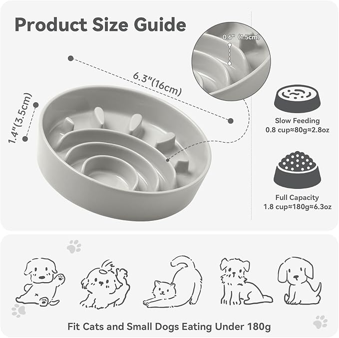 Ceramic Dog Slow Feeder Bowl - Small Dog Food Dish with Maze Puzzle Design - Slow Eating Puzzle Feeder for Pet Feed & Food Control - Whisker-Friendly Bowl for Cat Feeding - 6.3 Inch - 180 g - Grey